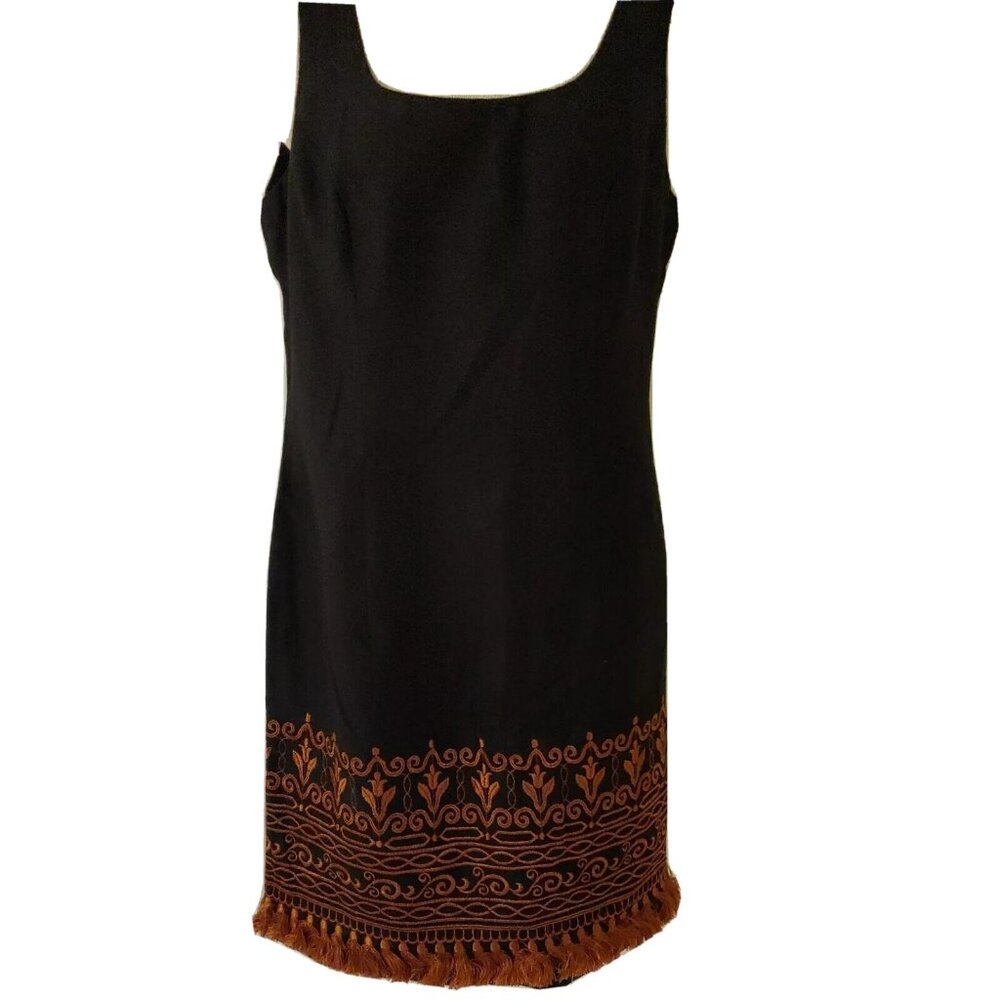 Datiani Womens Sz 10 Sleeveless Sheath Dress Black Gold Embroidery &Tassels lp